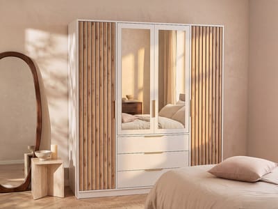 Vente-unique Kast met 4 deuren en 3 laden - Met spiegel - B196 cm - Kleur: Naturel en Wit - LIRMADA