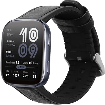 kwmobile horlogeband geschikt voor 22mm Amazfit Bip 6 / Bip 5 Unity / Bip 5 / GTS 3 / Balance 2 / Helio Strap -Armband voor fitnesstracker van leer in zwart