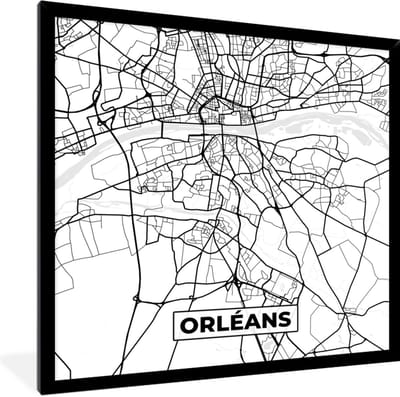 Fotolijst incl. Poster Zwart Wit- Frankrijk - Kaart - Plattegrond - Stadskaart - Orléans - Zwart wit - 40x40 cm - Posterlijst