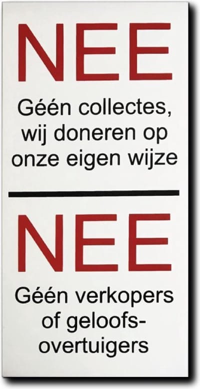 NEE Geen collectes doneren op eigen wijze, NEE verkopers of geloofsovertuigers aluminium bordje - 10 x 5 cm - Promessa-Design.