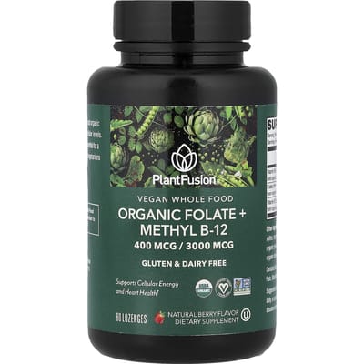 PlantFusion, Vegan Volwaardige Voeding, Biologisch Foliumzuur + Methyl B12, Natuurlijke Bessen smaak, 60 zuigtabletten