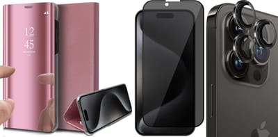 Hoesje geschikt voor iPhone 15 Pro - Privacy Screenprotector FullGuard & Camera Lens Screen Protector Zwart - Book Case Spiegel Roségoud