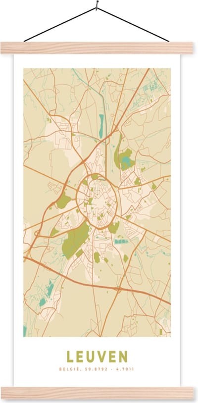 Posterhanger incl. Poster 60x120 cm - Schoolplaat - Kaart - België - Vintage - Plattegrond - Stadskaart - Leuven - Textielposter - Blanke latten - Stadskaart