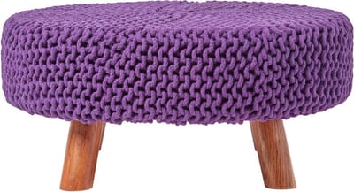 Homescapes Grote gebreide kruk met houten poten, 62 x 62 x 30 cm, paars
