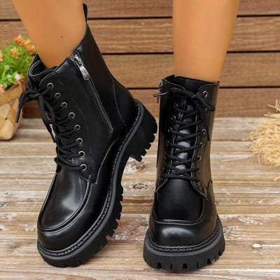 Maat 42 Herfst Winter Platform Enkellaarzen Dames Dikke Zool PU Leer Bikerlaarzen Vrouw Korte Pluche Veterschoenen Vrouwelijk 42