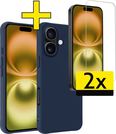 Hoesje - Met 2x Screenprotector - Geschikt voor Apple iPhone 16 - Sterk & Shockproof - Back Cover - Siliconen Case - Telefoon Hoes - Telefoonhoesjes - Donkerblauw