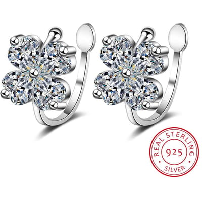 Femmes 100 % Argent Sterling 925 Massif Véritable Pur Clip d'Oreille Fleur Avec Cristal Bijoux Boucles d'Oreilles Mode Luxe gray