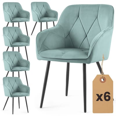 Set van 6 Eetkamerstoelen DIAMANTE met Armleuningen / Gestoffeerde Stoelen / Fluwelen Stoelen en Metalen Poten / Turkooizen kleur met zwarte benen