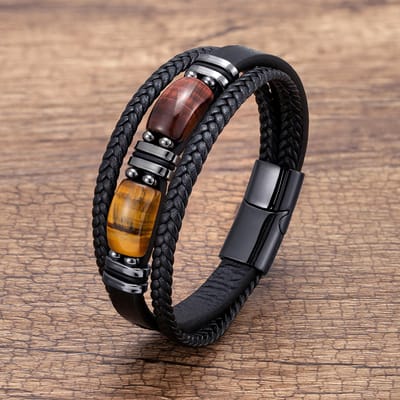 Meerlaagse Gevlochten Leren Bedelarmband Rood Blauw Tijgeroogsteen Armband Voor Mannen Eenvoudige Roestvrijstalen Sieraden Accessoires 21cm gray