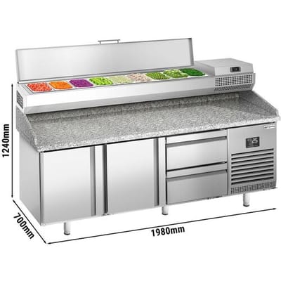 GGM Gastro Pizzakühltisch Premium PLUS - 1980x700mm - mit 2 Türen & 2 Schubladen - inkl. Kühlaufsatzvitrine - 9x GN 1/4