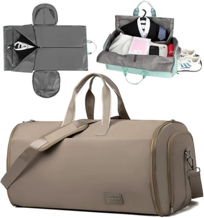 Reistas, 45L Grote Omvormbare Hangende Kledingzak en Weekender Tas voor Mannen en Vrouwen, 2 in 1 Sporttas met Schoenenvak, Waterdichte Lichtgewicht Handbagage met Trolley Sleeve, Khaki
