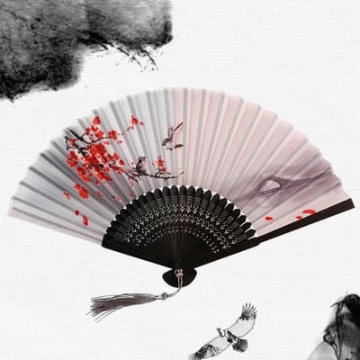 Éventail chinois japonais en soie pliable avec tige en bois, éventail de danse classique, pompon de haute qualité, élégant, pour femme, décoration d'intérieur gray