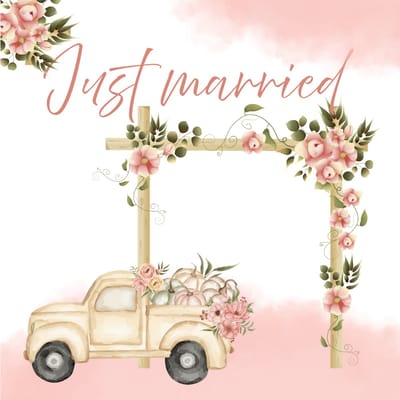 Wenskaart just married boog met rozen en truck – 13x13 cm – gevouwen kaart – inclusief witte envelop – stevig papier – huwelijkskaart