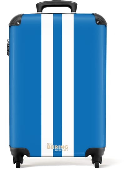 NoBoringSuitcases.com® - Handbagage koffer lichtgewicht - Reiskoffer trolley - Blauw met dubbele witte verticale strepen - Vakantie rolkoffer met wieltjes - Carryon suitcase - Flightcase - Cabin koffertje - Past binnen 55x40x20 en 55x35x25