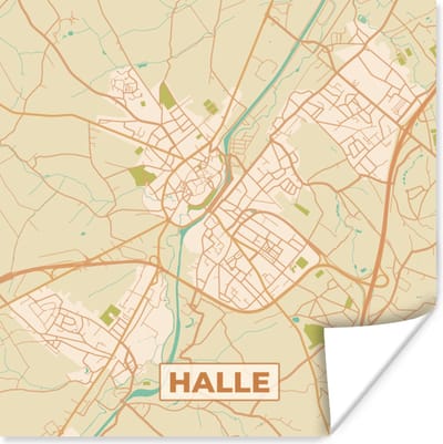 Poster Plattegrond - Stadskaart - Halle - Vintage - Kaart - 100x100 cm XXL