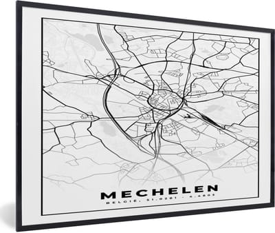 Fotolijst incl. Poster Zwart Wit- België – Mechelen – Stadskaart – Kaart – Zwart Wit – Plattegrond - 60x40 cm - Posterlijst