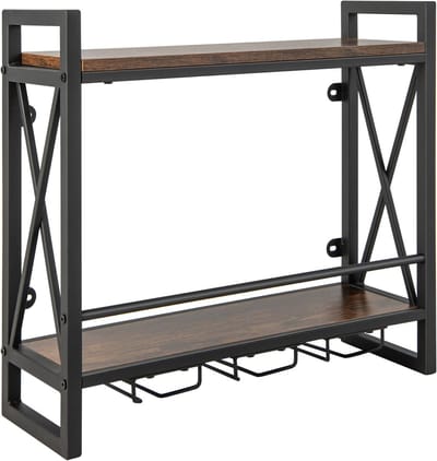 KOMFOTTEU Wijnrek voor aan de muur, flessenrek hout met metalen frame, decoratief wandrek met bekerhouder voor glazen, flessenhouder voor bar, keuken, woonkamer (60 x 20 x 55 cm)