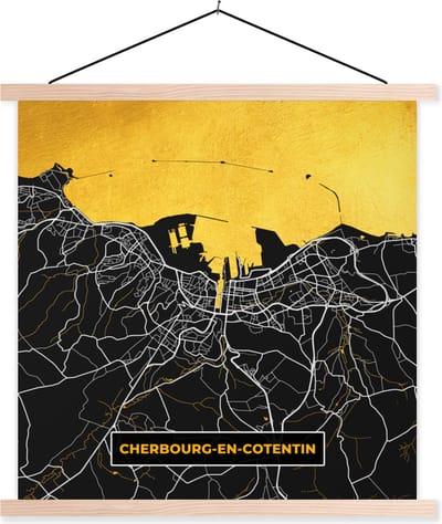 Posterhanger incl. Poster 40x40 cm - Schoolplaat - Plattegrond – Kaart – Stadskaart – Frankrijk – Cherbourg-en-Cotentin - Textielposter - Blanke latten - Stadskaart