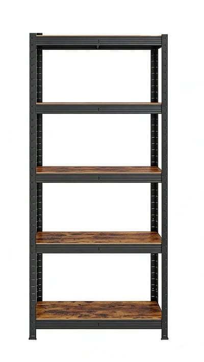 Opbergrek 150 x 75 x 30cm, Bruin en zwart staand opbergrek met 5 lagen planken, stevig metalen frame, elke plank kan tot 130 kg dragen, geschikt voor garage, kelder en keuken,