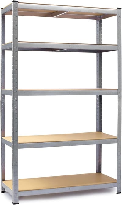 Rek kelderrek, opbergrek, zwaar belastbaar, met stalen frame, metaal, belastbaar tot 1000 kg, 5 planken, 30 x 75 x 150 cm, zilver