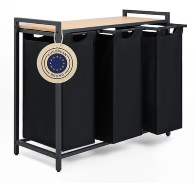 Blumtal Wasmand met 3 vakken - Wasmand met bamboe plank - Metalen frame - Wasmand met poten - Zwart