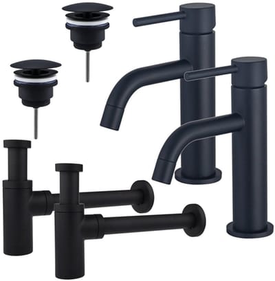 FugaFlow Eccelente Sobrado Badkamer Slim Wastafelkraanset - voor dubbele wastafel - lage wastafelkraan - always open plug - design sifon - Mat zwart