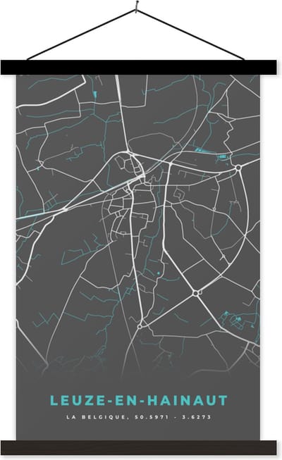 Posterhanger incl. Poster 40x60 cm - Schoolplaat - België – Leuze en Hainhaut – Stadskaart – Kaart – Blauw – Plattegrond - Textielposter - Zwarte latten - Stadskaart