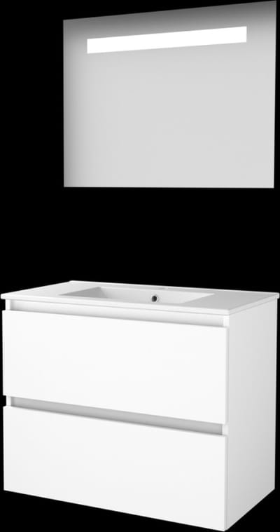 Basic-Line Economic 46 Badkamermeubelset - 80 x 46 cm - Greeploos - 2 Lades - Keramische Wastafel - 1 Kraangat - Spiegel met LED Verlichting - Ice White