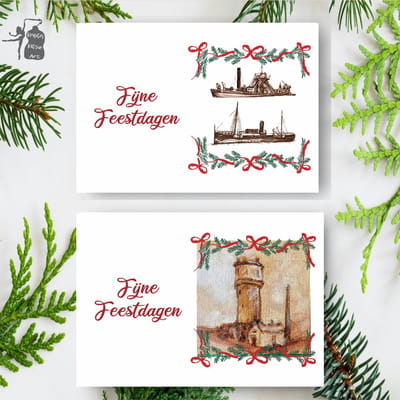 Krista Kitsz Art | Fijne Feestdagen Kerstkaarten set | Watertoren en Baggerschepen | 10 stuks | ansichtkaart