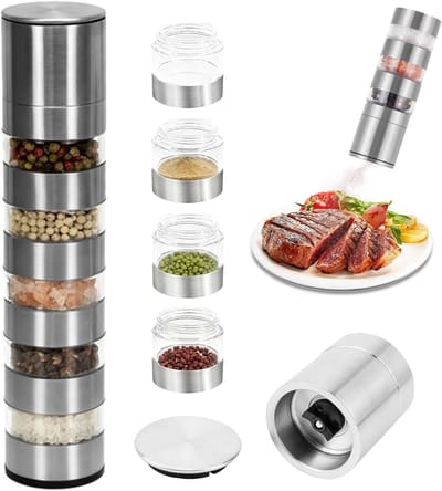 5-in-1 Kruidenstrooier - Camping Kruiden Set met Kruidenmolen - RVS Kruidenpotjes - Mini Pepermolen - Ideaal voor Reizen, Kamperen, Picknicken, Barbecueën en Keuken