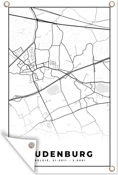 Muurdecoratie Zwart Wit – België – Plattegrond – Stadskaart – Kaart – Oudenburg - 120x180 cm - Tuinposter - Tuindoek