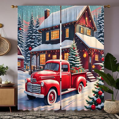 2 stuks HD na sneeuw Kerstmis Landhuis vrachtwagen Kerstboom decoratie gordijn Rode stropdas digitaal bedrukt gordijn Huisdecoratie W52H63inchW132H160cm black
