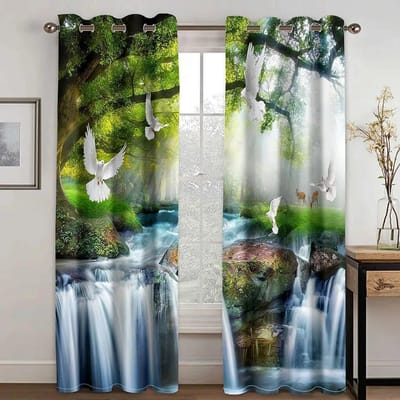 Bergbeekjes Waterval Natuurlandschap Verduisterende Gordijnen Woonkamer Slaapkamer Raamgordijn Huis Hoge Verduisteringsgordijn Nieuw W50xH130(CM)x2PCS-Grommet Top