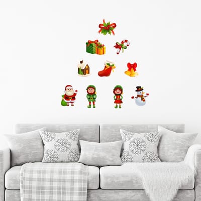 Kerststicker: Kerstman en zijn elfjes - Kerststickers - feestversiering - 30x65cm