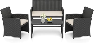 KOMFOTTEU 4-delig Tuinmeubelset voor buiten, polyrotan, 2-zitsbank, 2 stoelen, salontafel, glasplaat, voor 4 personen, tuinmeubelen voor terras, terras