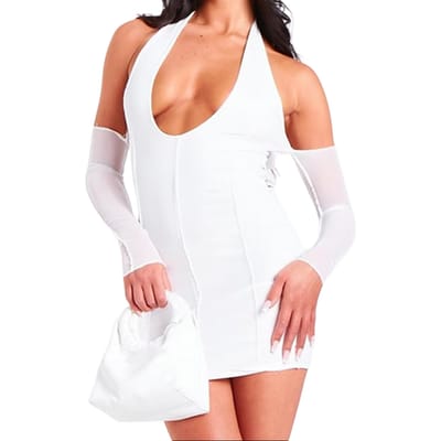 Missy Empire Mini-jurk voor dames met halterhals en mouwen van mesh (Ivoor)