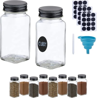 Famanu - Kruidenpotjes set van 10, strooipotjes met inzet, 120 ml, etiket, stift en trechter, glas, transparant/zwart
