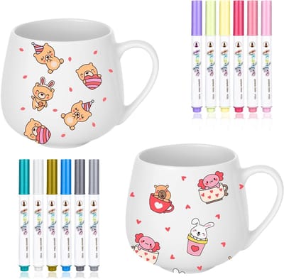 Set van 2 Witte Keramische Mokken voor Schilderen met 12 Kleur Waterproof Stiften, Perfect voor Koppels en Verjaardagen