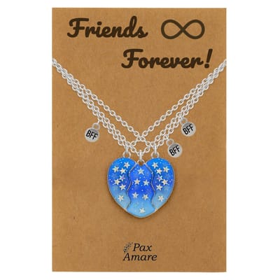 BFF Ketting voor 3 ' Friends Forever' - Magnetisch Blauw Hartje - Vriendschapsketting op Cadeau Kaartje - 45cm + 5cm verstelbaar - Zilverkleurig - Best Friends Hanger - Pax Amare