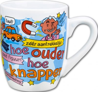 Mok - Snoep - Hoe ouder hoe knapper - Cartoon - In cadeauverpakking met gekleurd krullint