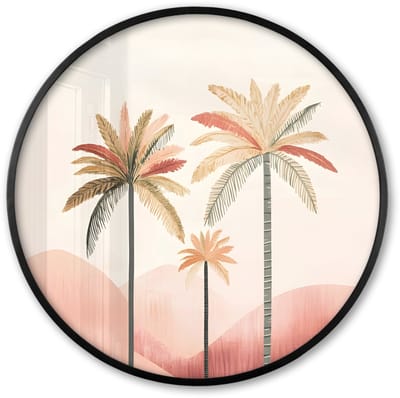 Poster in lijst Rond - Fotolijst 60x60 cm - Posters - Palmbomen - Heuvels - Minimalistisch - Zachtroze - Ronde posterlijst zwart - Decoratie - Wanddecoratie woonkamer - Muurdecoratie slaapkamer