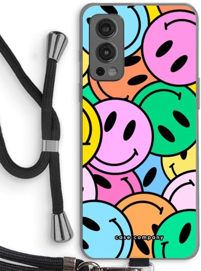 Case Company® - Hoesje met koord geschikt voor OnePlus Nord 2 5G hoesje met Koord - Smiley N°1 - Telefoonhoesje met Zwart Koord - Bescherming aan alle Kanten en Over de Schermrand