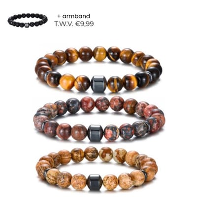 Trio Tigerskin - kralen armband heren 3 + 1 stuks - armband mannen natuursteen - Bruin, beige - mannen cadeautjes - bracelet