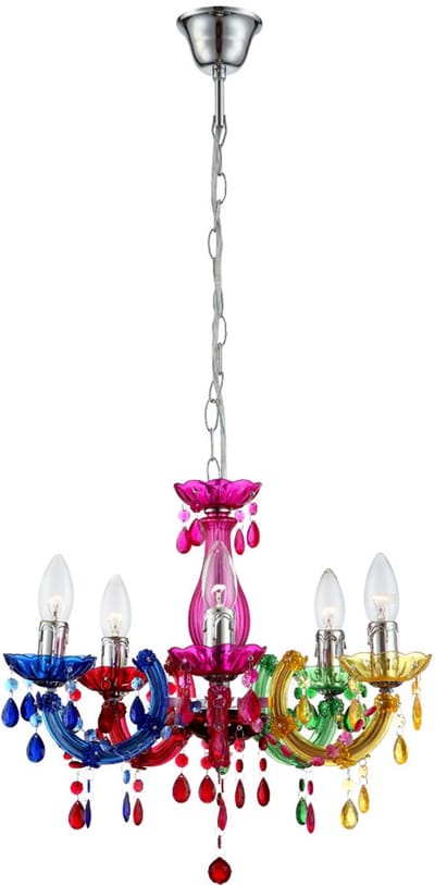 Kroonluchter moderne hanglamp slaapkamerverlichting 5 vlammen, gekleurde kristallen, metaal acryl, 5x E14, DxH 44 x 128 cm