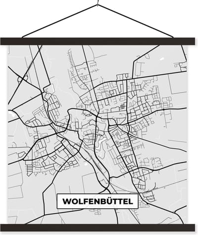 Posterhanger incl. Poster 60x60 cm - Schoolplaat - Stadskaart - Wolfenbüttel - Kaart - Duitsland - Plattegrond - Textielposter - Zwarte latten - Stadskaart
