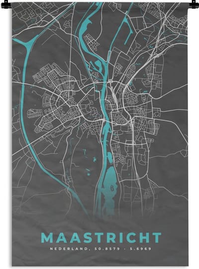 Wandkleed - Wanddoek - Stadskaart - Maastricht - Grijs - Blauw - 120x180 cm - Wandtapijt - Plattegrond