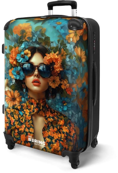 NoBoringSuitcases.com® - Koffer groot - Rolkoffer lichtgewicht - Vrouw met blauw en oranje bloemen - Reiskoffer met 4 wielen - Reis trolley - Grote valies XL - Bagagekoffer op wieltjes - 20 kg bagage - Ruimbagage middelgroot