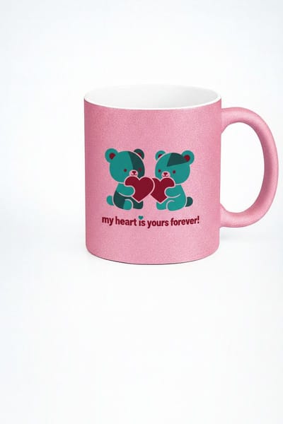 Roze Glitter Mok met Verliefde Beren & Hart - "My Heart Is Yours Forever!" - Romantisch Cadeau