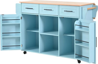 Eetkar - Keukenkast - Dinerdressoir - Aanrecht - Voor Woonkamer of Hal - Massief Houten Fineer & Wit Marmer Decoratie - Blauw