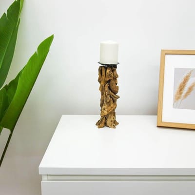 Kandelaar Houten - Kaarsenstandaard Uniek - Sfeerverlichting Creëren - Handgemaakt Driftwood - 25-27 cm - Zwart